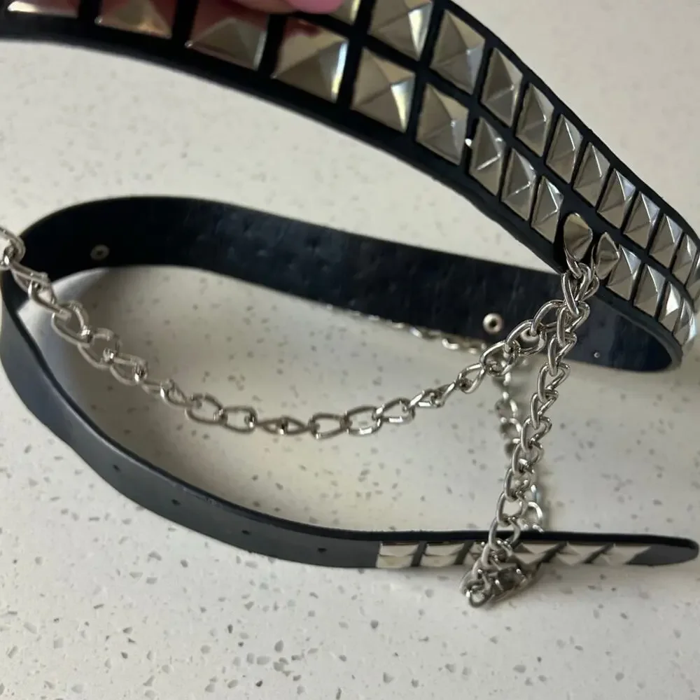 Belt Two Row Studded Chain Black Belt
